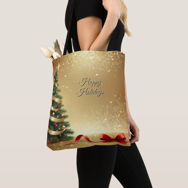 Christmas Tree Ribbons Holiday Tote Bag (Close Up)