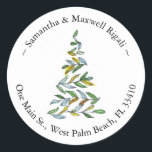 Christmas Tree Round Return Address Labels<br><div class="desc">Elevate your holiday mailings with these elegant, modern return address labels in a round format featuring a Christmas tree in line art and watercolor shades of golden yellow and green. Customize with your names and address using the simple template fields. Perfect for adding a touch of festive charm to your...</div>