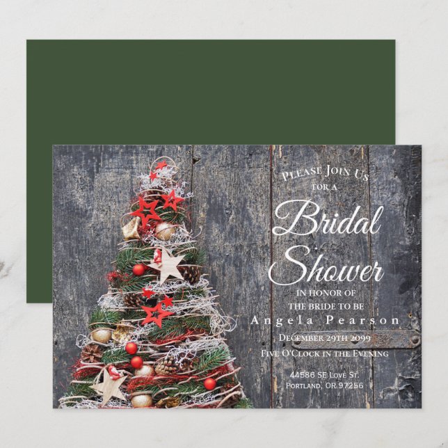 Christmas Tree Rustic Wood Green Bridal Shower Invitation (Front/Back)