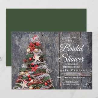 Christmas Tree Rustic Wood Green Bridal Shower Invitation