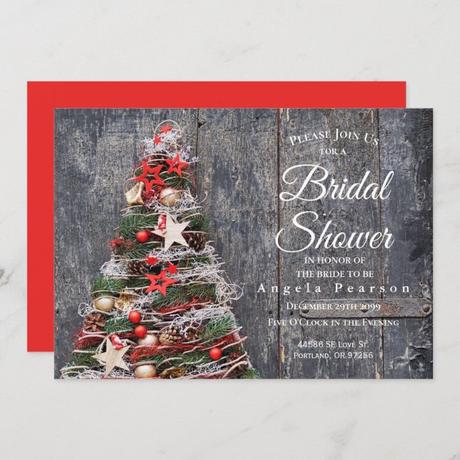 Christmas Tree Rustic Wood Red Bridal Shower Invitation (Front/Back)