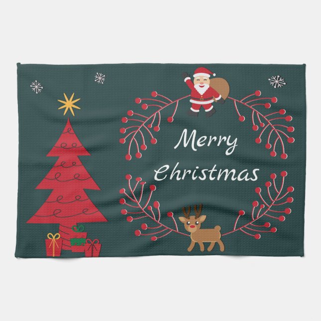 Christmas Tree, Santa and Rudolph Kitchen Towel (Horizontal)