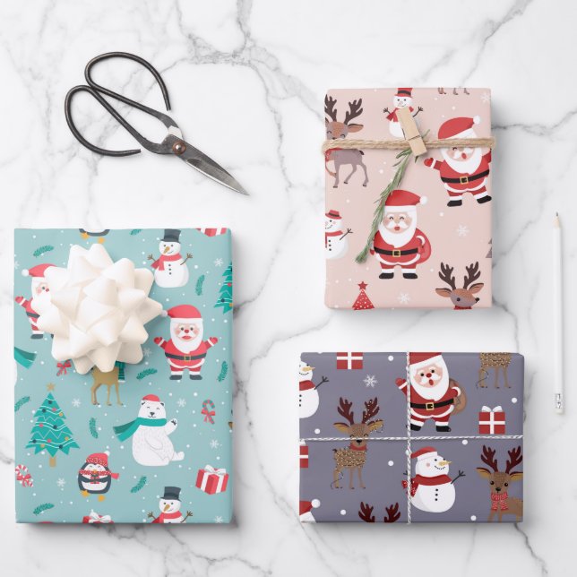 Christmas Tree Santa Claus Reindeer Snowman Blue Wrapping Paper Sheet (Front)