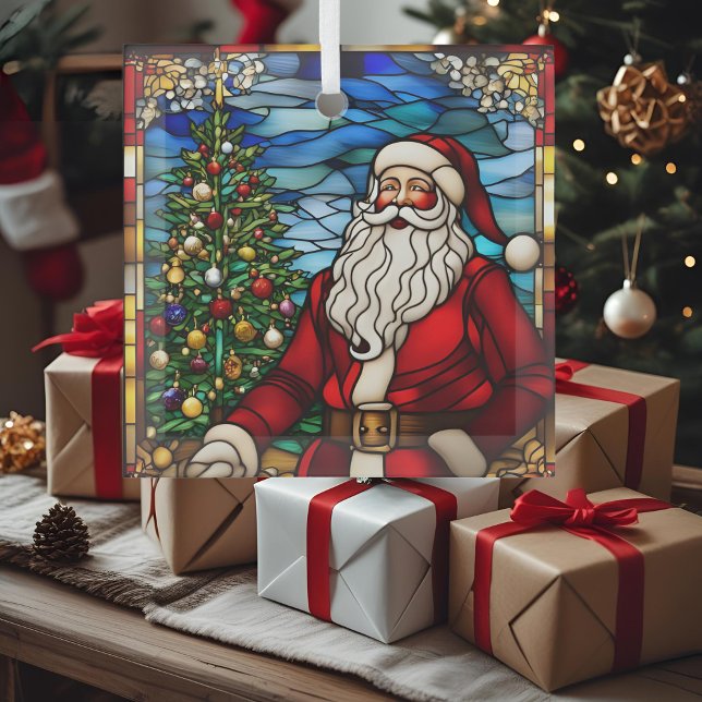 Christmas Tree Santa Faux Stained Glass Glass Ornament (Creator Uploaded)