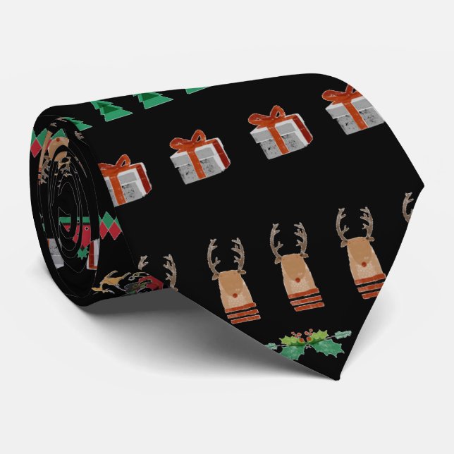 Christmas Tree Santa Presents Reindeer Green Red Tie (Rolled)