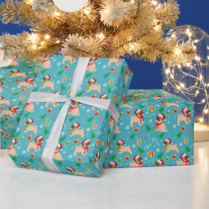Christmas Tree Santa Pug Candy Canes Ornaments Wrapping Paper