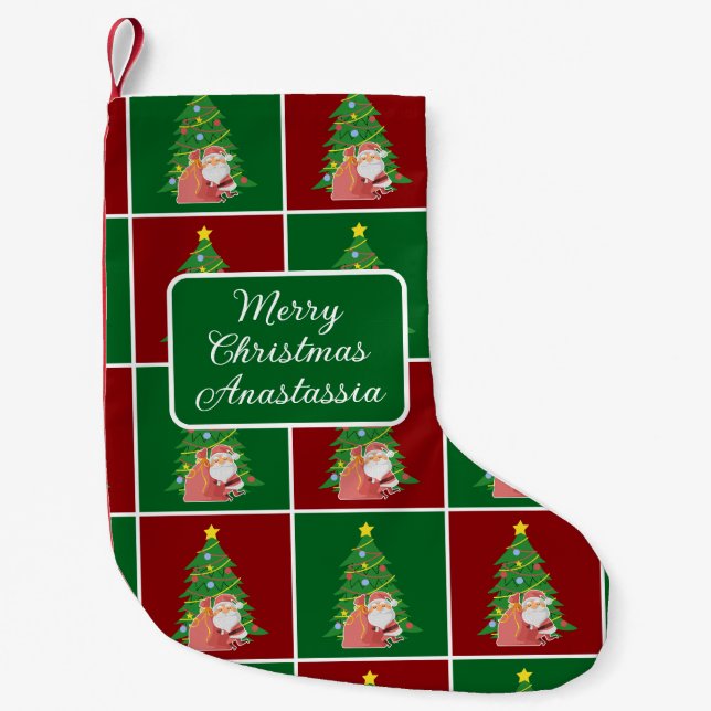 Christmas tree | Santa | red green customizable  Small Christmas Stocking (Front)