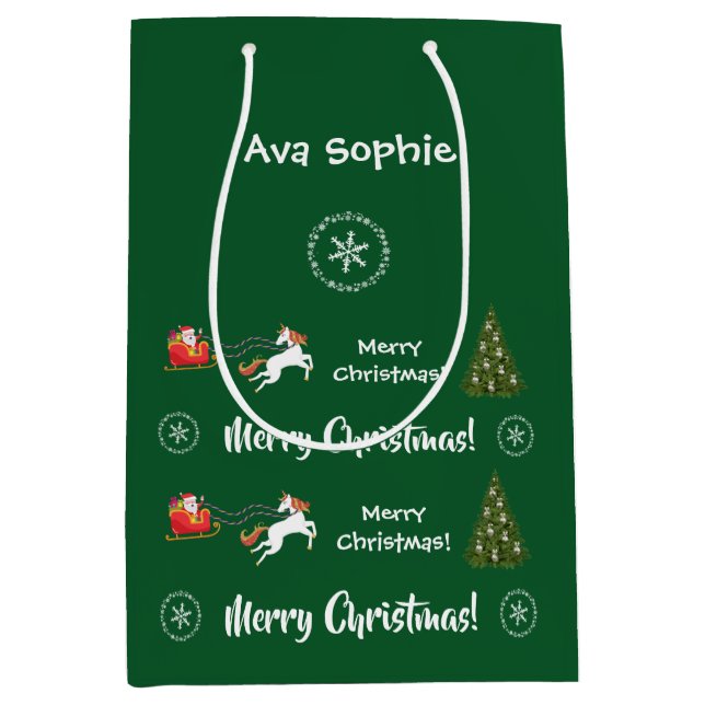 Christmas Tree Santa Sleigh Unicorn Personalized   Medium Gift Bag (Front)