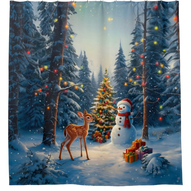 Christmas Tree Scene Cute Deer Fawn Snowman (Front)
