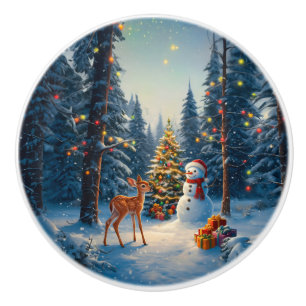 Christmas Tree Scene Cute Deer Fawn Snowman Ceramic Knob