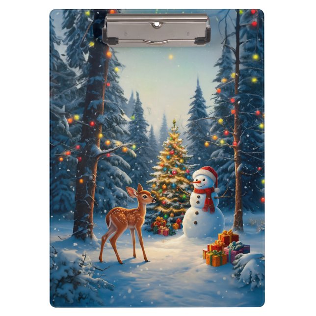 Christmas Tree Scene Cute Deer Fawn Snowman Clipboard (Front)