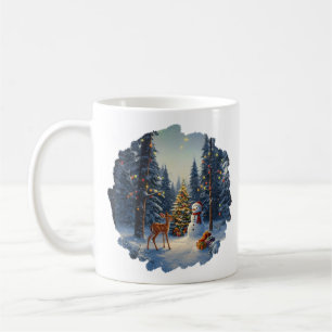 Christmas Tree Scene Cute Deer Fawn Snowman Coffee Mug