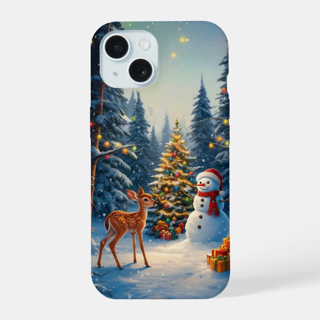 Christmas Tree Scene Cute Deer Fawn Snowman iPhone 15 Case (Back)