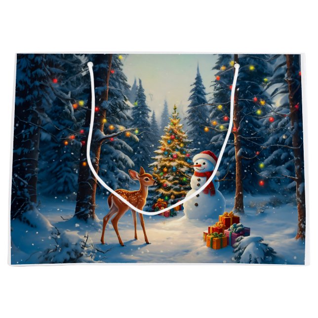Christmas Tree Scene Cute Deer Fawn Snowman Large Gift Bag (Front)