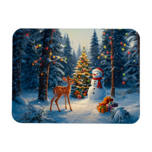 Christmas Tree Scene Cute Deer Fawn Snowman Magnet