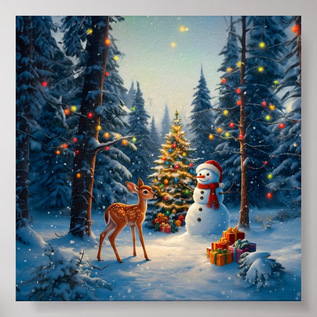 Christmas Tree Scene Cute Deer Fawn Snowman Poster (Front)