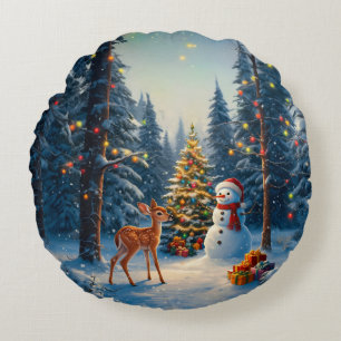 Christmas Tree Scene Cute Deer Fawn Snowman Round Pillow
