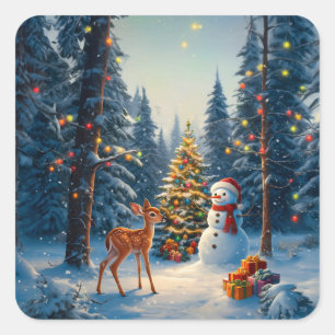 Christmas Tree Scene Cute Deer Fawn Snowman Square Sticker