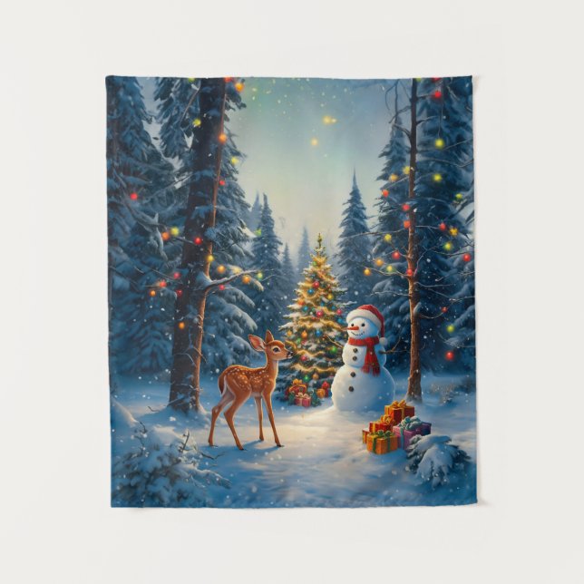 Christmas Tree Scene Cute Deer Fawn Snowman Tapestry (Front)