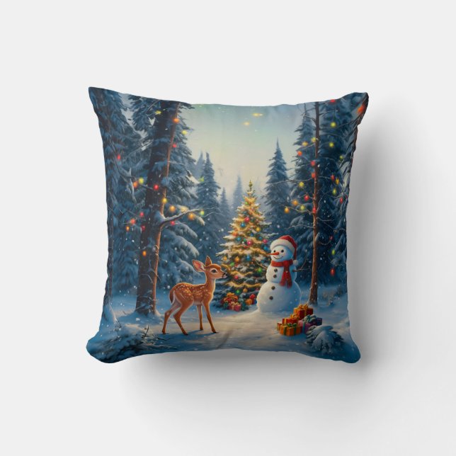 Christmas Tree Scene Cute Deer Fawn Snowman Throw Pillow (Front)