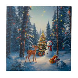 Christmas Tree Scene Cute Deer Fawn Snowman Tile