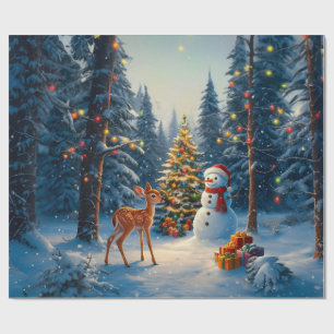 Christmas Tree Scene Cute Deer Fawn Snowman Wrapping Paper