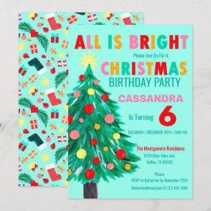Christmas Tree Sea Green Christmas Birthday Party Invitation