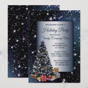Christmas Tree Shiny Stars Navy Blue Holidays Invitation