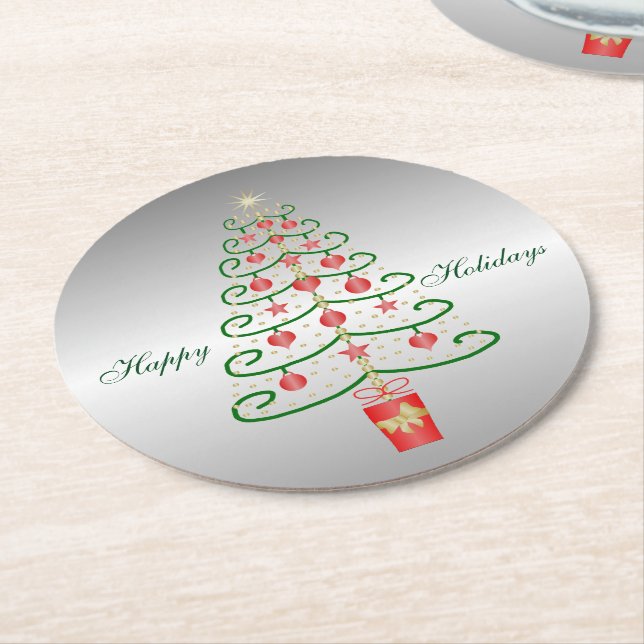 Christmas Tree Silver Coloured Christmas Round Paper Coaster (Angled)