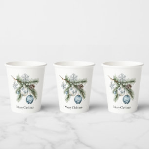 Christmas Tree Silver Snowflakes Blue Ornaments Paper Cups