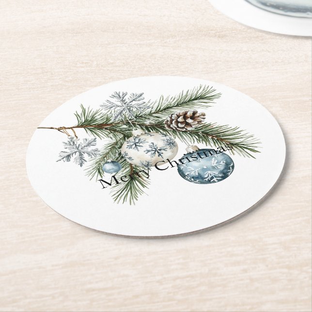Christmas Tree Silver Snowflakes Blue Ornaments Round Paper Coaster (Angled)