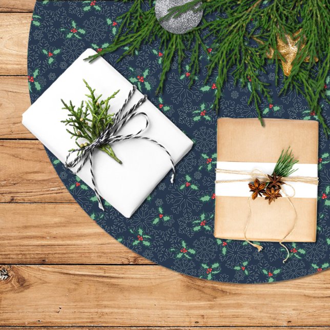 Christmas tree skirt, holly and snowflakes on blue brushed polyester tree skirt (Creator Uploaded)