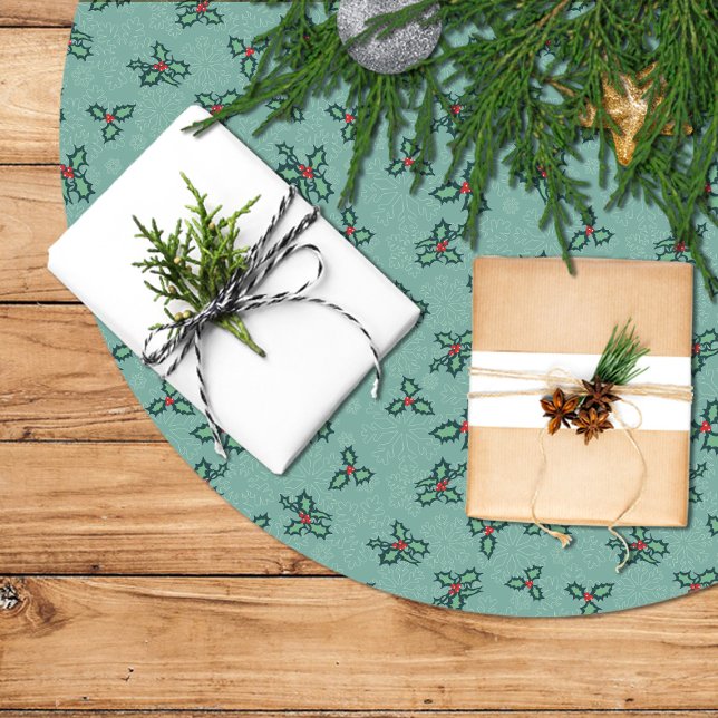 Christmas tree skirt, holly and snowflakes on blue brushed polyester tree skirt (Creator Uploaded)