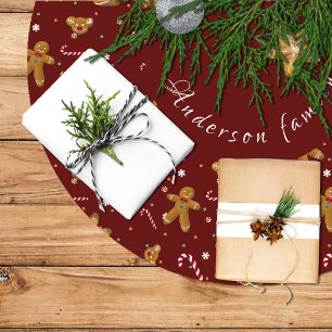 Christmas tree skirt in maroon and with cookies