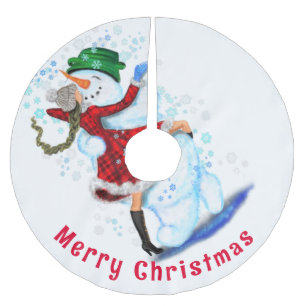 Christmas Tree Skirt Snowman and Girl Dance