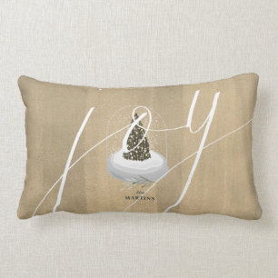 Christmas Tree Snow Globe Gold Joy Script Holiday Lumbar Pillow