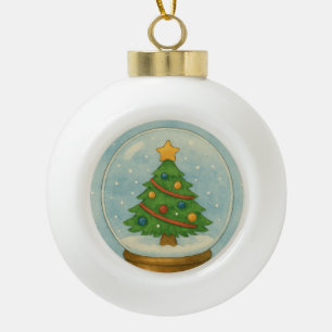 Christmas Tree Snow Globe in Watercolor Winter Ceramic Ball Christmas Ornament