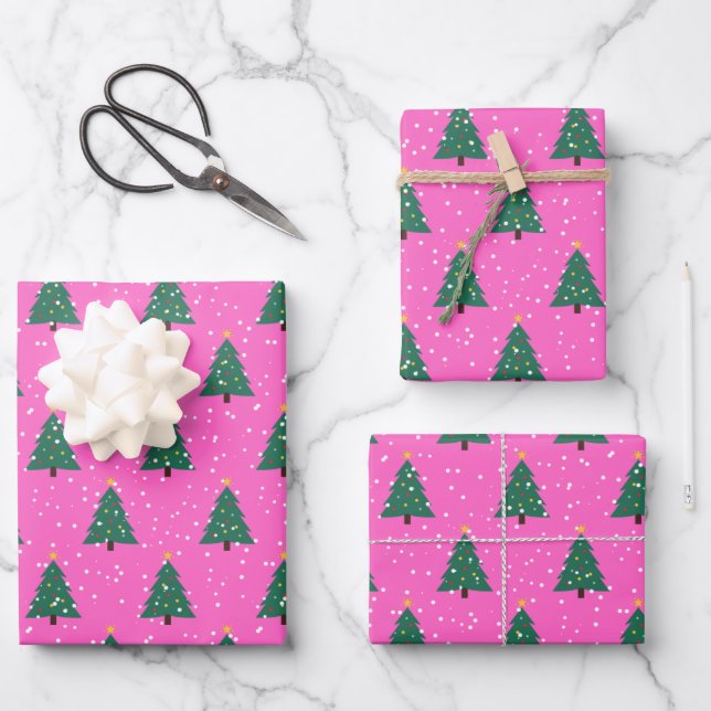 Christmas Tree, Snowfall on Pink Wrapping Paper Sheet (Front)