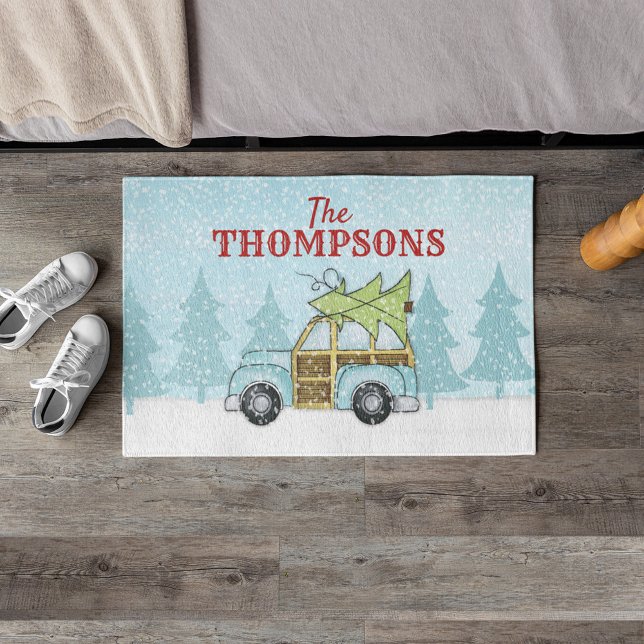 Christmas Tree Snowflake Car Personalized Doormat (Christmas tree cute woodland Woodie car custom doormat.)