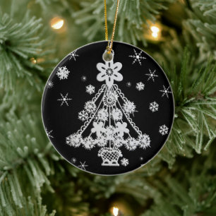 Christmas Tree & Snowflakes Ceramic Ornament