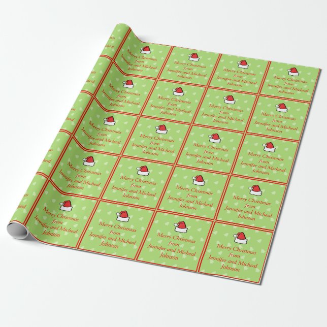 Christmas Tree Snowflakes Santa Hat Custom Name Wrapping Paper (Unrolled)