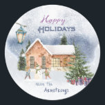 Christmas Tree Snowman Children Gifts Winter Scene Classic Round Sticker<br><div class="desc">🌟🎄 This wonderful Christmas sticker features a romantic winter wonderland illustration featuring a Christmas tree in a snowy landscape with presents, berries and branches. In the background you can see a cozy house and children building a snowman. . A hand-drawn lantern illuminates the wintry scene.✨ Share the magic of the...</div>