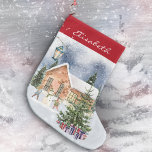 Christmas Tree Snowman Children Gifts Winter Scene Large Christmas Stocking<br><div class="desc">🌟🎄 This wonderful Christmas stocking features a romantic winter wonderland illustration featuring a Christmas tree in a snowy landscape with presents, berries and branches. In the background you can see a cozy house and children building a snowman. A hand-drawn lantern illuminates the wintry scene.✨ Share the magic of the winter...</div>