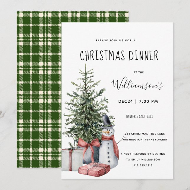 Christmas Tree Snowman Christmas Dinner Invitation (Front/Back)