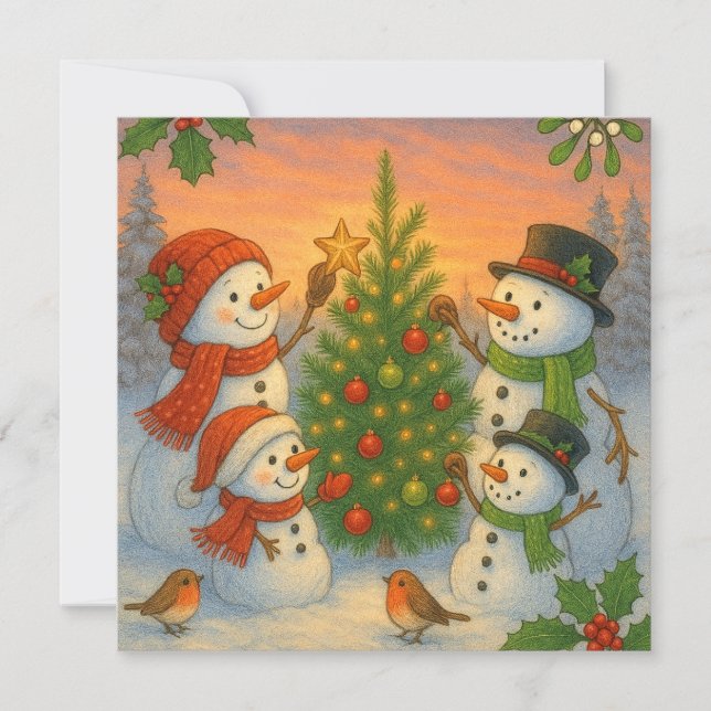 Christmas Tree Snowman Family In Snowy Sunset Holiday Card (Front)
