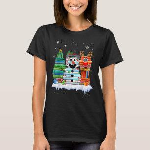 Christmas Tree Snowman Reindeer Book Stack Librari T-Shirt