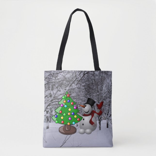 Christmas Tree, Snowman, Snow Scene All-Over Print Tote Bag (Front)