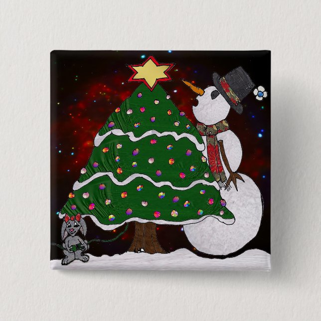 Christmas Tree Snowman Surprise Art Print 2 Inch Square Button (Front)