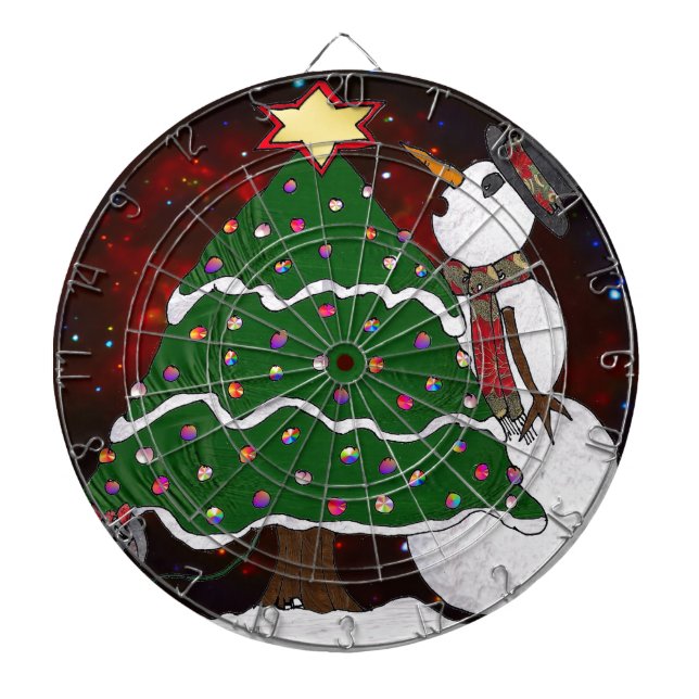 Christmas Tree Snowman Surprise Art Print Dartboard (Front)