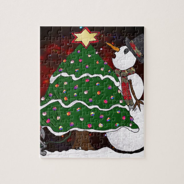 Christmas Tree Snowman Surprise Art Print Jigsaw Puzzle (Vertical)